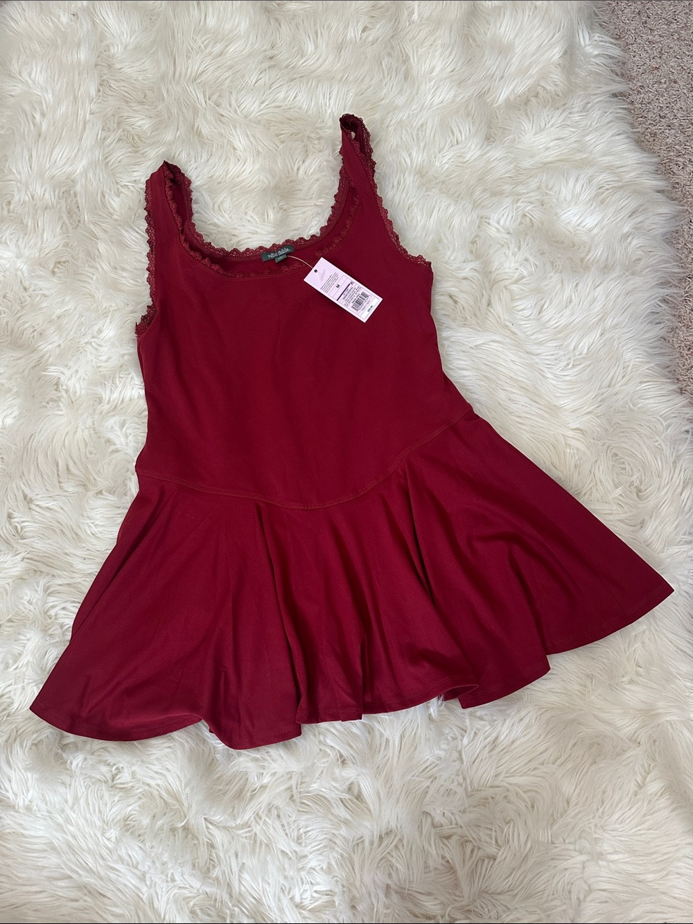 NWT wild fable Burgundy Lace-Trim Fit & Flare Mini Dress built in shorts